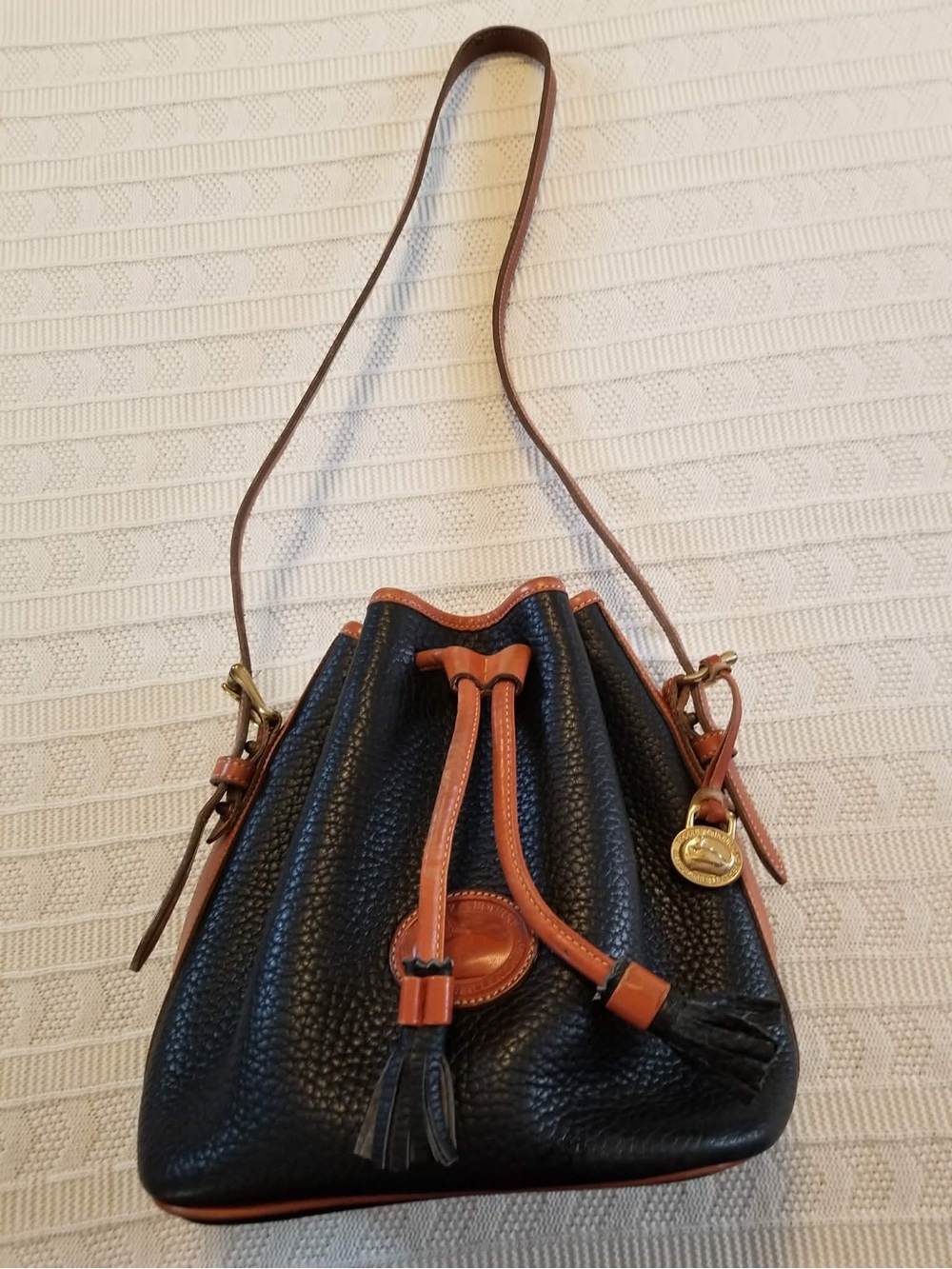 Dooney & Bourke Black Pebbled Leather Drawstring Shoulder Bucket Bag